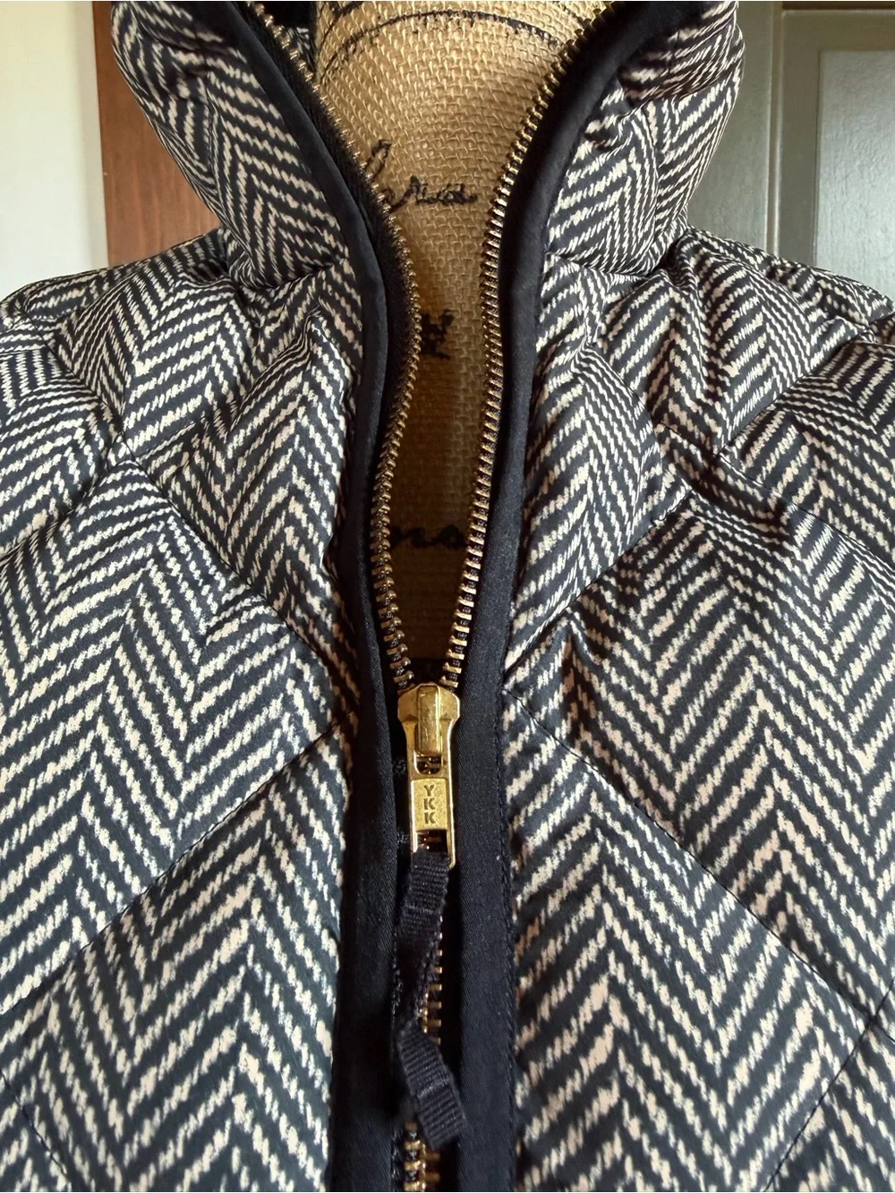 J. Crew Gray Herringbone Quilted Down Vest with Black Trim